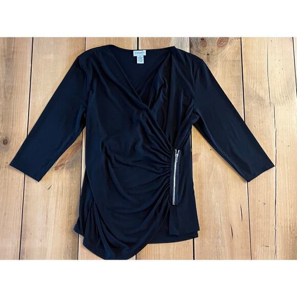 Carmen Marc Valvo Women's Black Rushed Zipper Detail Blouse.Top. Size XL - Picture 2 of 8